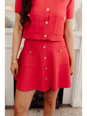 Entro Red Knit Button-Up Cropped Sweater Top & Skirt Set Gold Buttons Womens M
